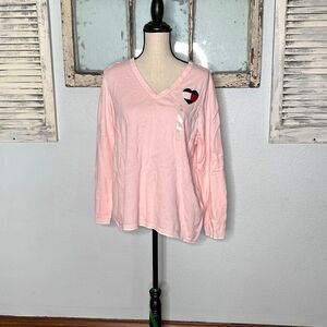 Tommy Hilfiger Womens Knitted Ivy Sweater Heart Patch V-Neck Pink Size 1X NWT